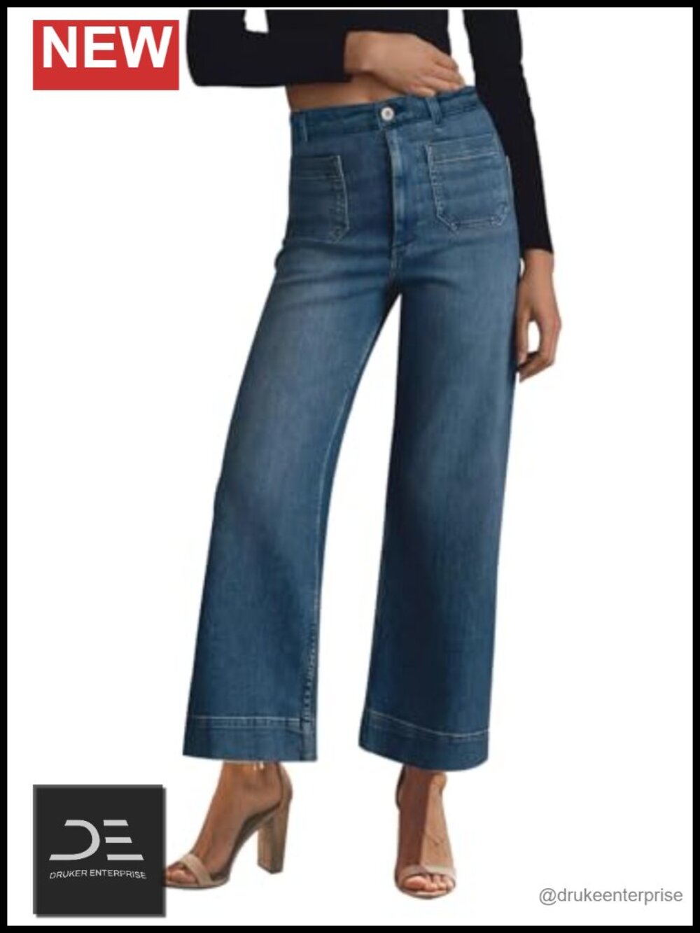 High Waisted Wide Leg Stretchy Denim Pants with Pockets